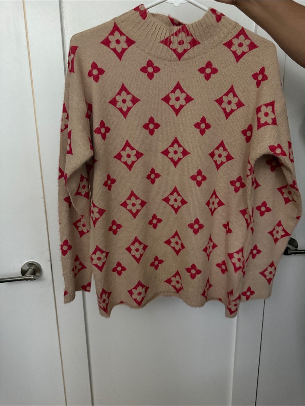 Beige and Red Patterned Crewneck Sweater